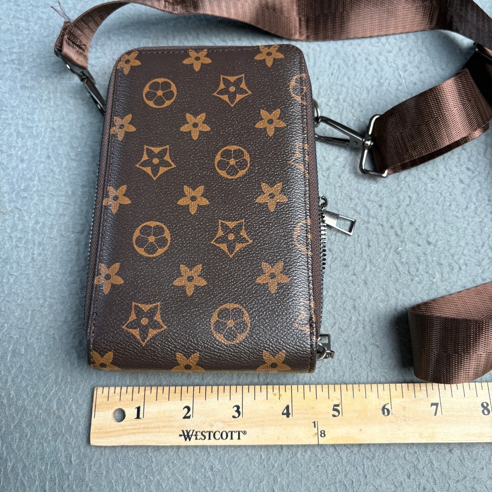 Brown Monogram Floral Crossbody Phone Bag Wallet with Adjustable Strap - Picture 3 of 10